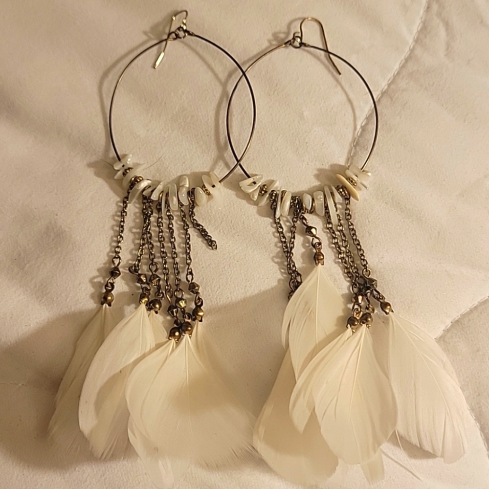 White feather hoop earrings